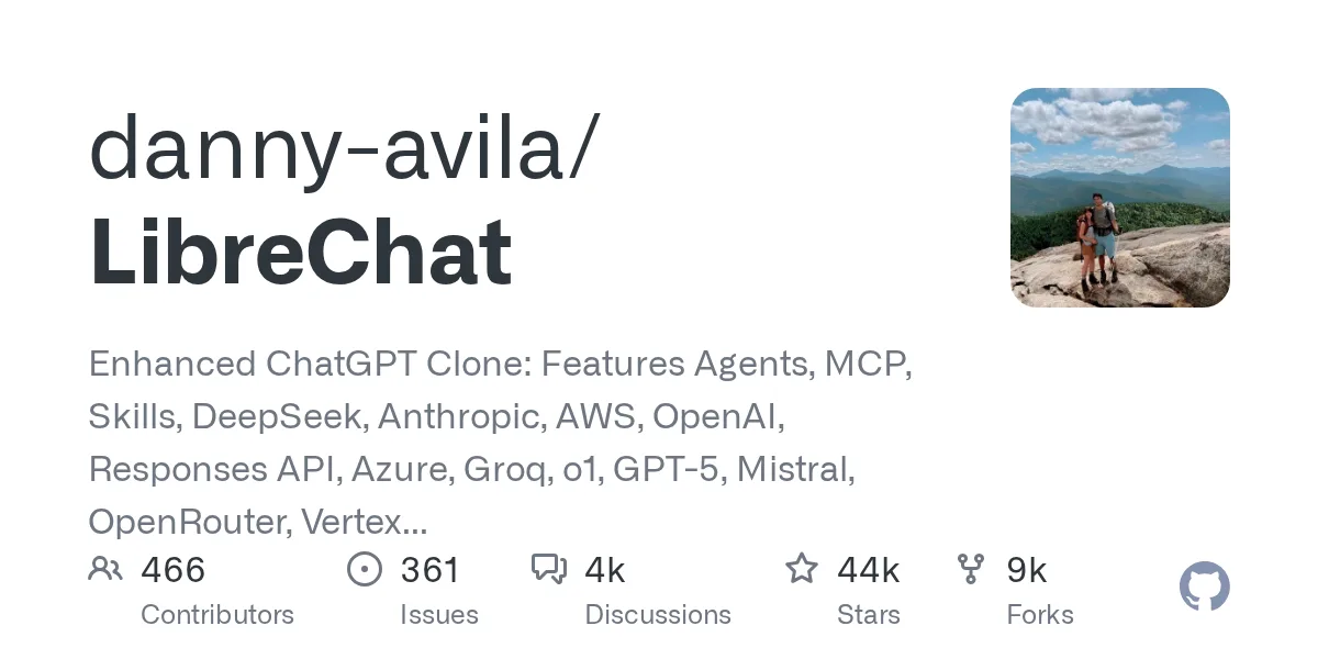 Card do repositório LibreChat no GitHub, com 44 mil estrelas