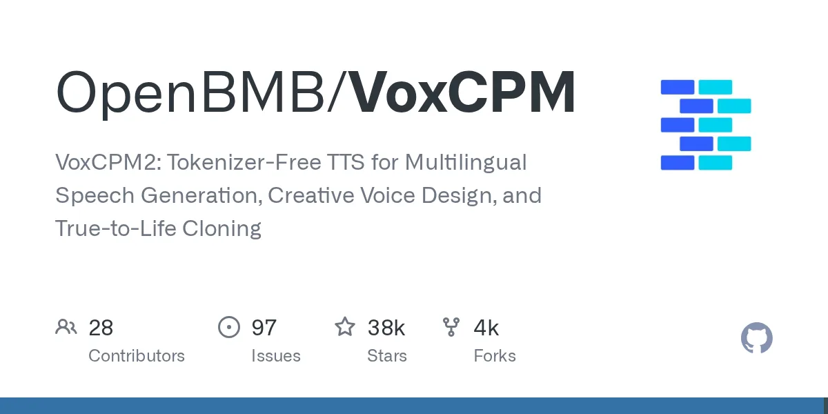 Card do repositório VoxCPM no GitHub, com 37 mil estrelas