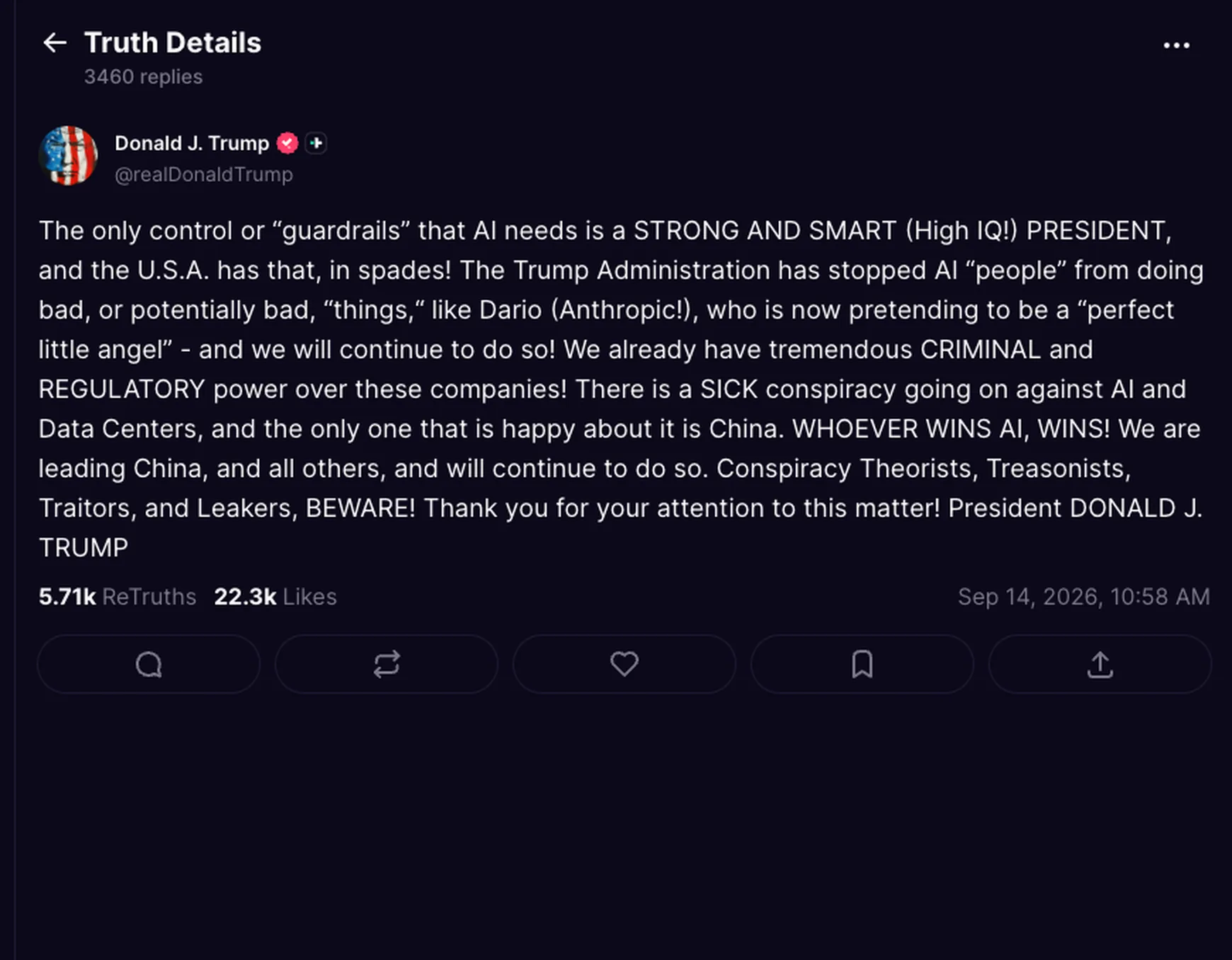 Post de Donald Trump no Truth Social em 14 de setembro de 2026 dizendo que o único guardrail que a IA precisa é um presidente forte e inteligente