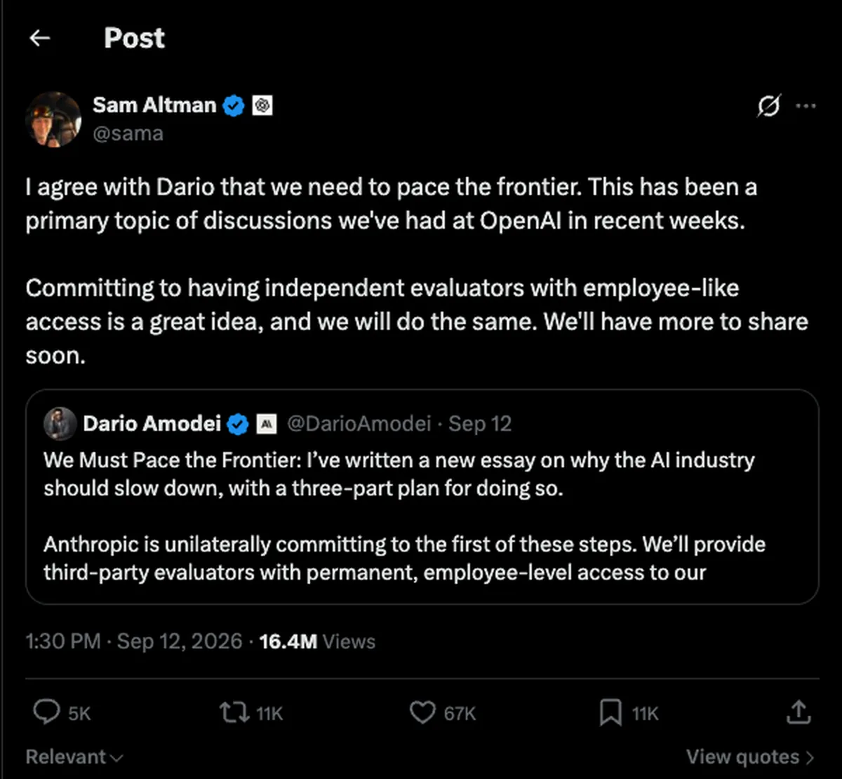 Post de Sam Altman no X concordando com o Dario e prometendo o mesmo compromisso na OpenAI