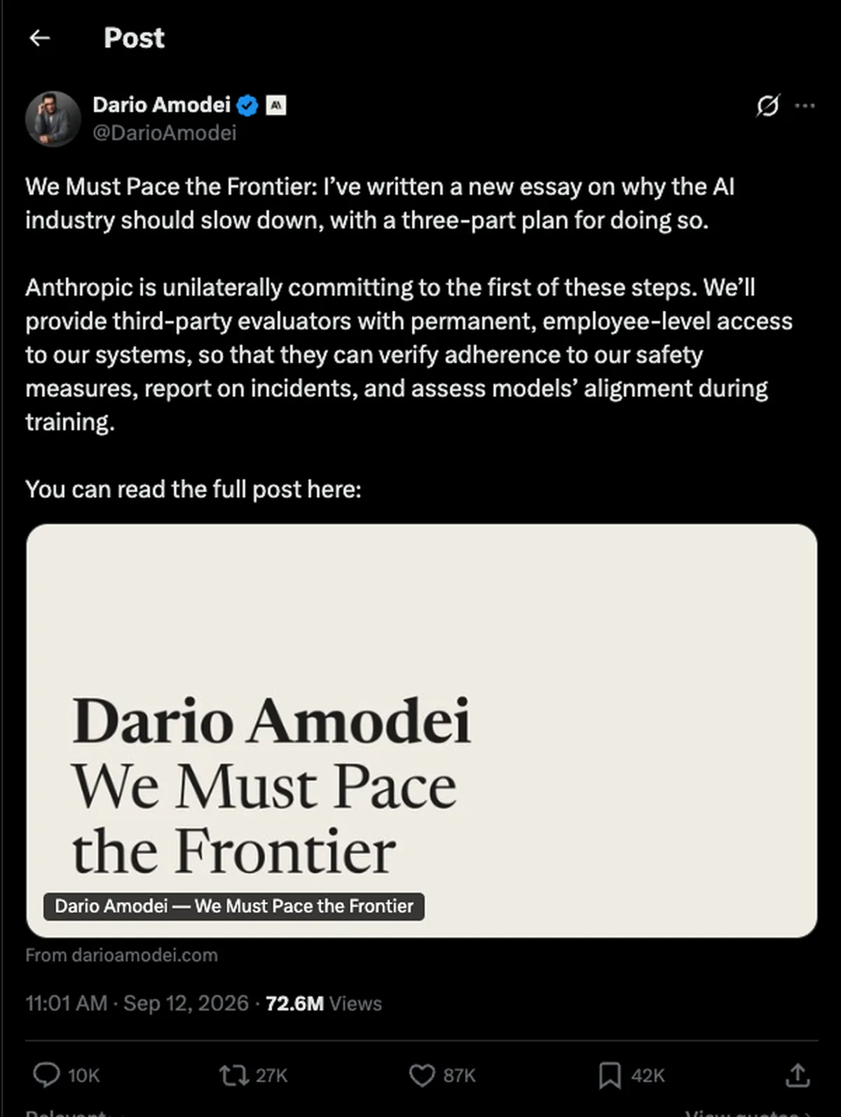 Post de Dario Amodei no X em 12 de setembro de 2026 anunciando o ensaio We Must Pace the Frontier