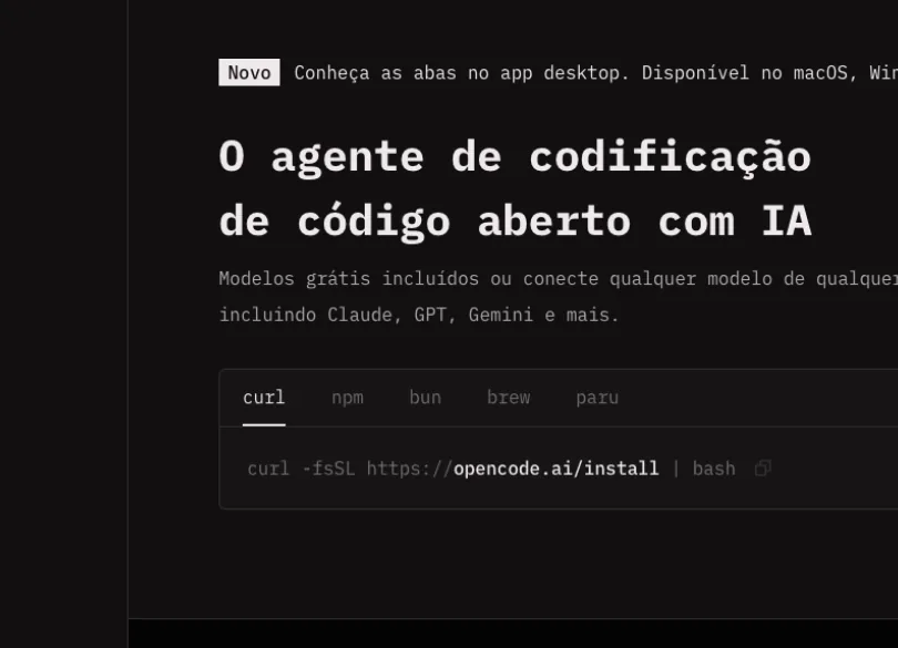 Página inicial do opencode.ai com o comando de instalação do agente