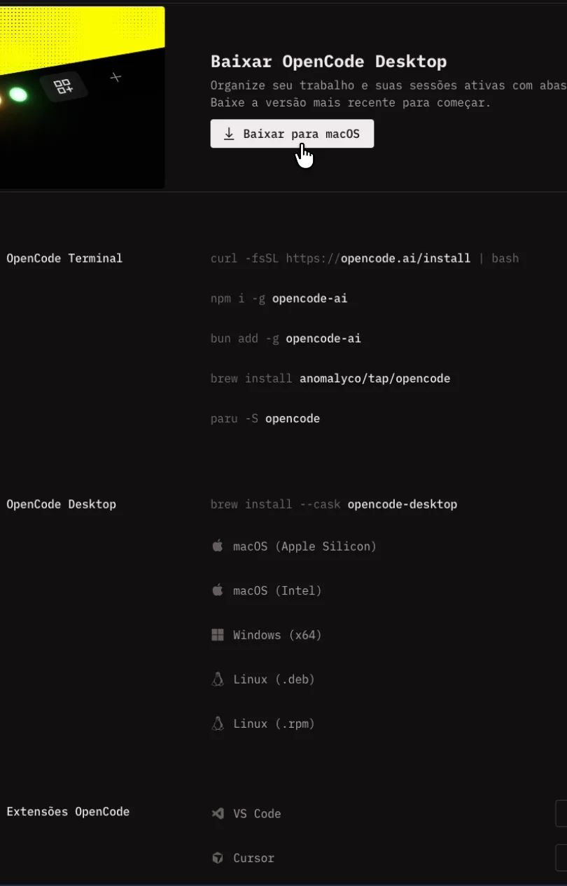 Bloco de download do OpenCode Desktop na página do projeto, com as versões para macOS, Windows e Linux