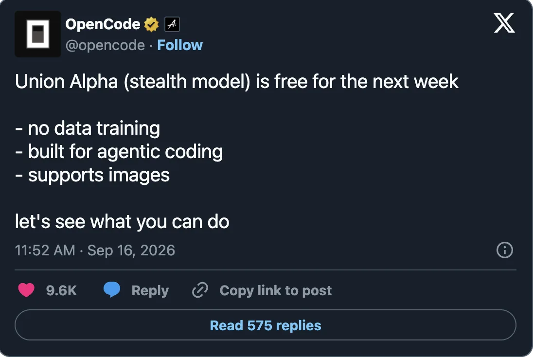 Post do OpenCode em 16 de setembro de 2026 anunciando o Union Alpha gratuito por uma semana